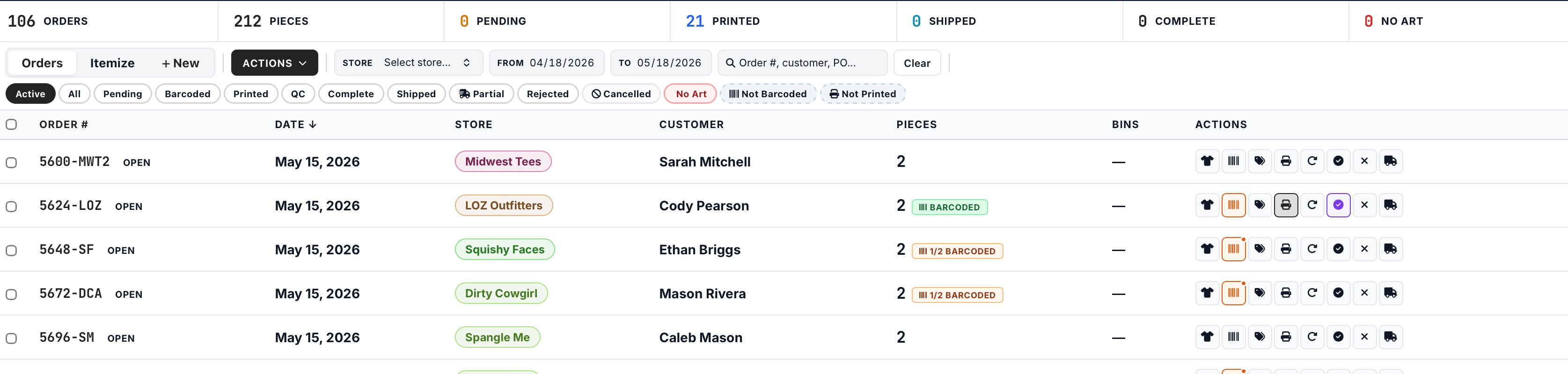 PlatenFlow orders screen showing 106 orders across Midwest Tees, LOZ Outfitters, Squishy Faces, Dirty Cowgirl, and Spangle Me stores with barcode states and per-order actions